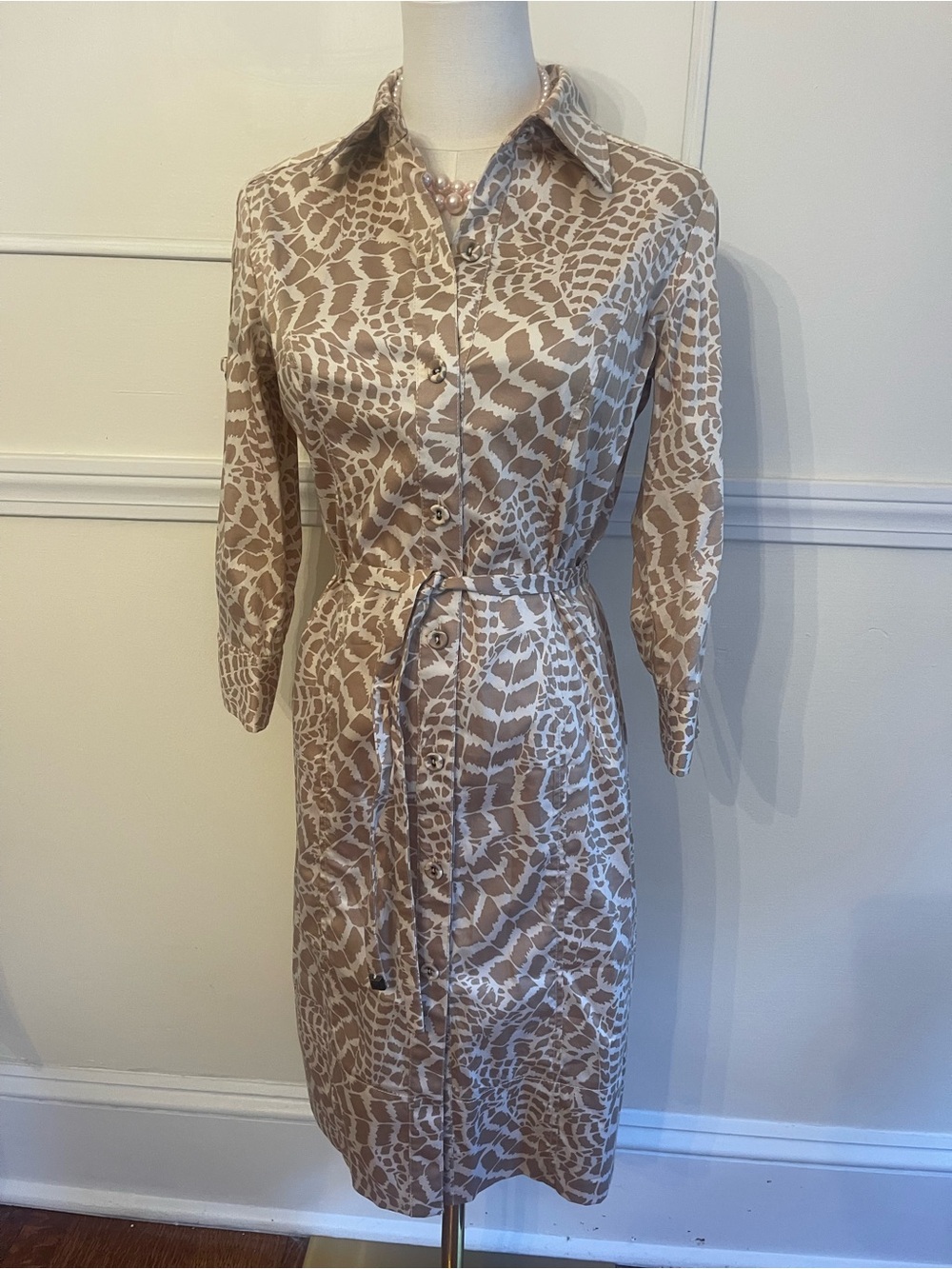 St John Sport Beige Animal Print Button-Front Midi Dress with Tie Waist